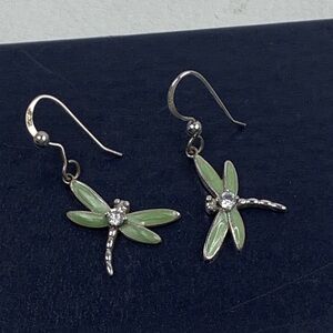 Sterling Silver 925 Green Dragonfly Earrings with rhinestone gems
